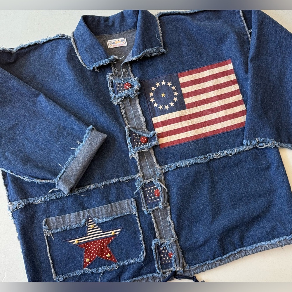 Vintage Women’s XL Denim Jacket Patriotic American Flag Original Patchwork Blue